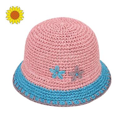 China Lovely Pink Character Girls Hand Crochet Twisted Paper Straw Kids Bucket Hat Foldable for sale