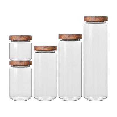 China Sustainable Food Storage Straight Round Clear Glass Honey Jam Spice Jar with Deep Lid for sale