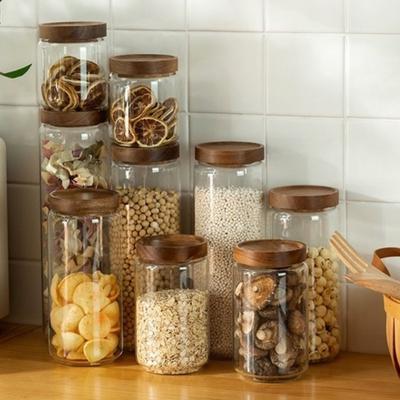 China Sustainable Kitchen Food Storage Glass Storage Jar With Bamboo Wooden Lid for sale