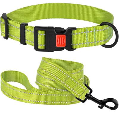 China Best Selling Reflective Adjustable Outdoor Walking Working Nylon Collars And Green Safety Pet Leashes for sale