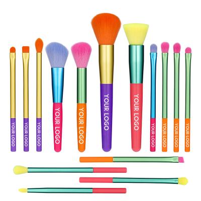 China Angular Blush 15 Piece Makeup Brush Set Colorful Rainbow Low MOQ Private Label Brushes Custom Logo Make Up Brush Set for sale