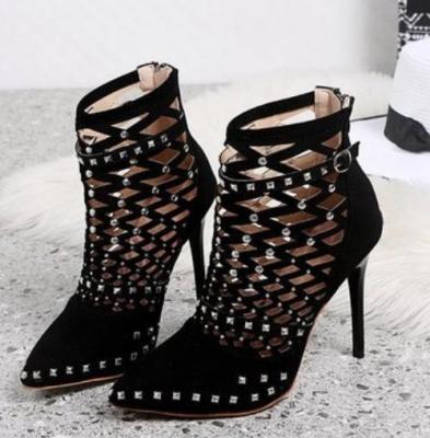 China 2021 fashion ankle boots high heels ladies breathable thin sandals for women and ladies suede hollow rivet headed closed toe for sale