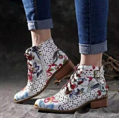 China 2020 Fashion Winter Print Ankle Boots Women Shoes Women Pumps Square Block Floral Waterproof Floral Heels Ladies Casual Boots Flat Bottoms Plus Size for sale