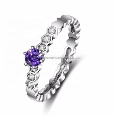 China Vintage Amethyst Round Shape Sterling Silver Rhodium Plated CZ Ring for sale