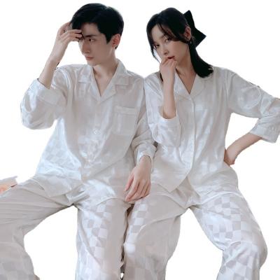 China QUICK DRY White Ice Lattice Couples Sleeve Women Silk Pajamas Long Sleepwear And Pants Pijamas Autumn Satin for sale