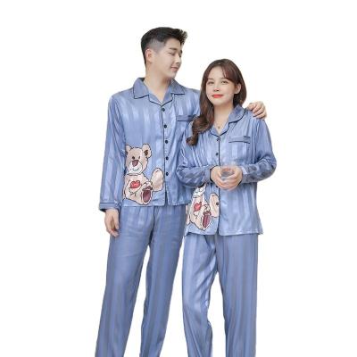 China Wholesale Lover's Pajamas QUICK DRY Luxury Long Sleeve Bear Cartoon Blue Couples Pajamas for sale