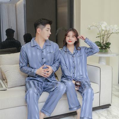 China QUICK DRY blue silk winter Pijamas set for men and women leisure wear satin couples striped long pajamas sets for sale