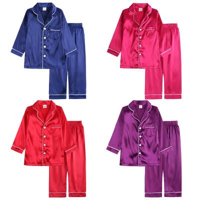 China Breathable Children Long Sleeve Sleepwear Korean Style Turn Down Collar Pijamas Silk Satin Color Kids Pajamas for sale