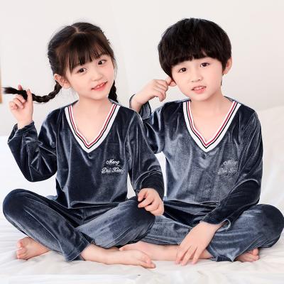 China Solid Color Boys Winter Thin Long Sleeve Sweater Thermal Sleepwear Sets Velor Thermal Gold Children's Pajamas for sale