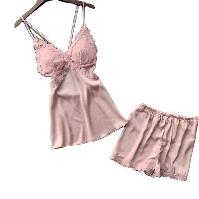 China 2021 summer women sexy QUICK DRY pajamas sling short pants two pieces lace up satin silk sleepwear solid color backless shorts sets for sale