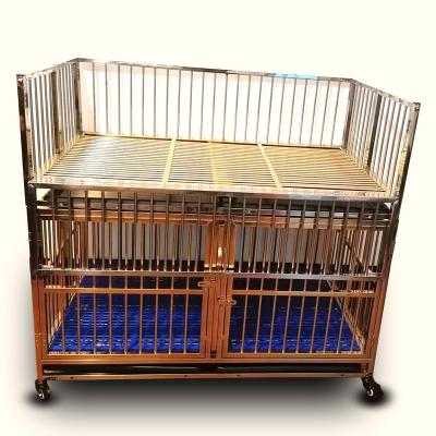 China Running Dogs Gold Stainless Steel Single Double Door Double Door Bed Display Pet Cage Dog Kennel with Chassis and Wheels for sale