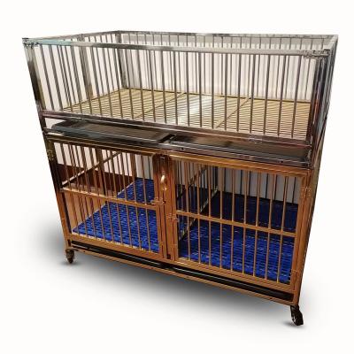 China Dogs Stainless Steel Gold Double Doors Dog Cage With Running Bed for sale