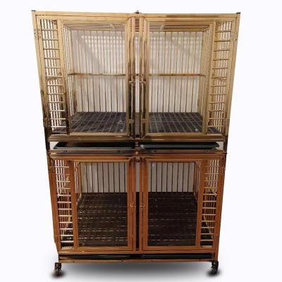 China Dogs Stainless Steel Tempered Glass Door Folding Dog Crate Up And Down With Wheels for sale