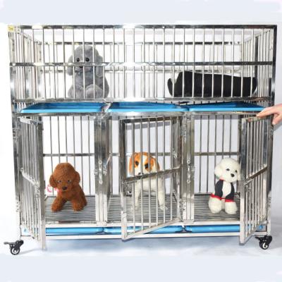 China Small Dogs Breed Three Doors Dogs Cage Race Bed Display Dog Cage Stainless With Wheels for sale