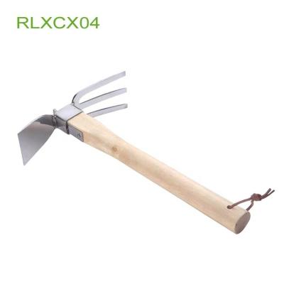 China Stainless Steel Blade Wooden Cultivator Hand Tiller Tools Double Head Hoe With Wooden Handle RLXCX04 for sale