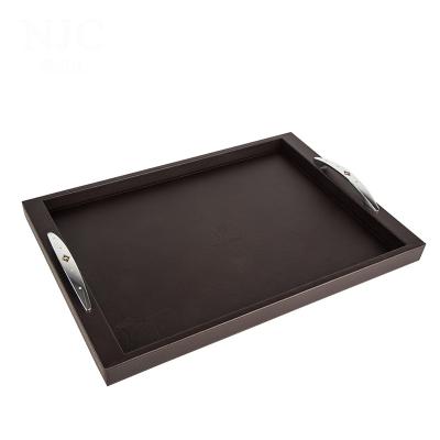 China Blue With Black Color New Arrivals Hotel Room Custom PU Brown Leather Tray Set Leather Wood Tray With Stainless Steel Handle Maker for sale