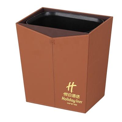 China Custom Logo Hotel Luxury 5 Star Hotel Room Durable Eco-Friendly Recycle Garbage Hotel Leather Garbage Room Trash Can With Double Compartment for sale