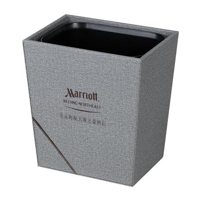 China Small MOQ Dark Gray Leather Garbage Bin Garbage Bin Hotel Guest Room Garbage Bin Garbage Basket Indoor PU Leather Factory for sale