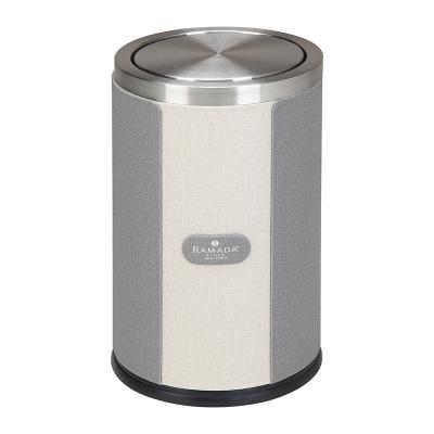 China 2021 New Arrivals Modern Hotel Room Fire Delay Round Bin Beige Leather Trash Can With Swing Lid Stainless Steel Bucket for sale