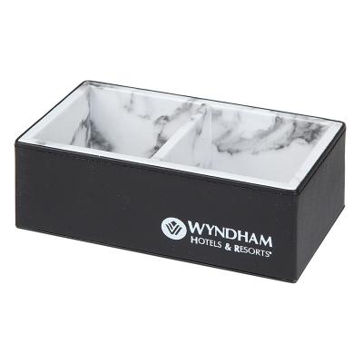 China 2021 New Arrival Durable And Eco-Friendly Custom Luxury Faux Marble Logo PU Leather Tea Organizer With Double Compartment For Wyndham Hotel for sale