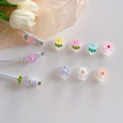 China Acrylic for USB Cable Bite Protector Data Line Rope Flowers Tulip Soft TPU Cover for iPhone Android Apple C Port Lighting Charging 1PCS for sale