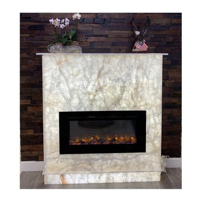 China Modern Luxury Home Decor Onyx Natural Stone Transparent White Marble Electric Fireplace for sale