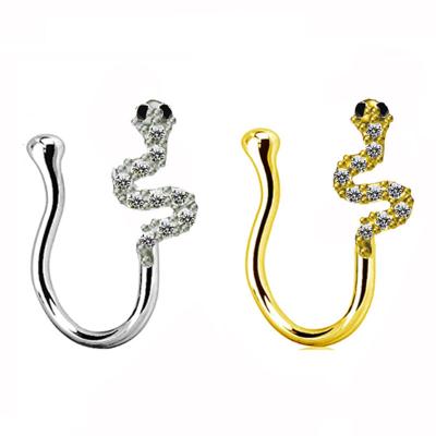 China Punk Clear Zircon Snake Nose CZ Adjustable Non-Piercing Cuffs Paved Crystal Animals Fake Nose Ring for sale