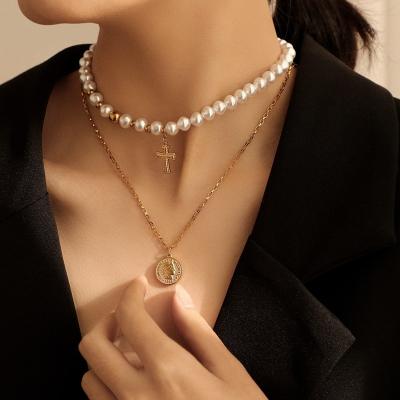 China Women's Clavicle Jesus Cross Pendant Necklace Jewelry Gold Plated Coin Pendant Baroque Custom Environmental Friendly Double-Layer Circle Pearl Necklace for sale