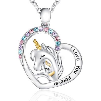 China Cute Mother Daughter Necklace for Teen Girls Unicorn Crystal Heart Pendant Necklace for sale