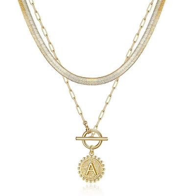 China CLASSIC 14K Gold Filled Herringbone Choker Clasp Coin Necklace Paper Clip Initial Dangle Chain Toggle Necklace for sale