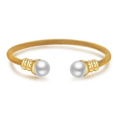 China Vintage Fashion Pearl Cuff Bangle Stainless Steel Jewelry Elastic Bead Bracelet for sale