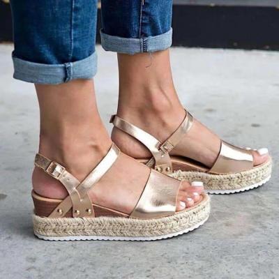 China Fashion Trend Fashion Trend New Rose Gold Shoes Casual High Heels Sandal Ankle Strap Summer Beach Jute Sneaker Wedges Sandals Women for sale