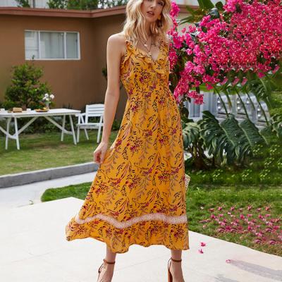 China Customized Floral Printing Anti-Static Anti-Static Summer Dress Women Ruffle Deep V-Neck Sleeveless Bohemian Maxi Dresses for sale