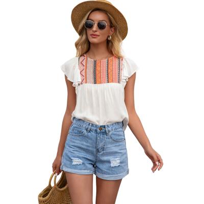 China 2022 Summer Women's Anti-pilling Tops White Printing Chiffon Anti-pilling Splicing Around Elegant Ruffle Neck Short Sleeve Blouse Top for sale