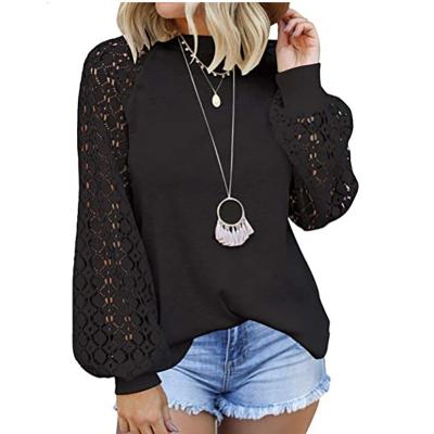 China 2022 Women Breathable Breathable Elegant Chic Blouses Sheath Long Cavity Tops Simple Solid Color Lace Blouse Crewneck Pullover Sweatshirt for sale