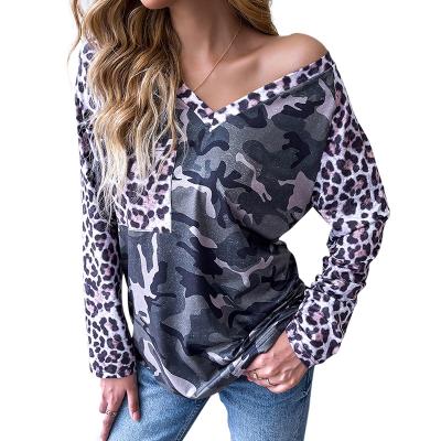 China 2022 New Anti-Wrinkle Ladies Camouflage V-Neck Sweatshirts Women Sheath Anti-Wrinkle Leopard Splice Casual Long T-Shirts Tops for sale