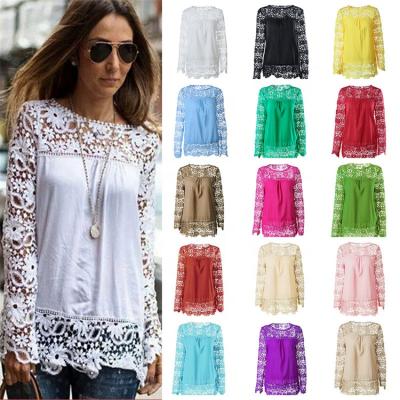 China Anti-pilling Anti-pilling Chiffon Blouse Shirt Custom Lace Grease Cavity Long Sleeve Flowers Plus Size Elegant Women Blouses Tops for sale