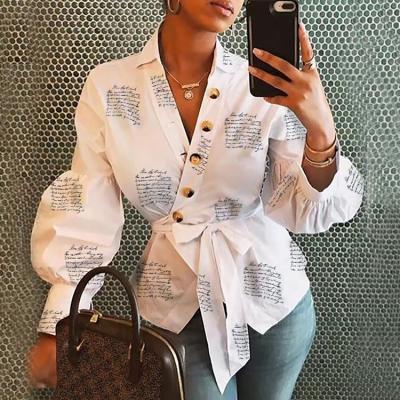 China Custom Slim White Casual Long Sleeve Blowout Blouse Anti-Pilling Shirt Printing Unique Fit Vintage V-Neck Button Shirt For Women for sale