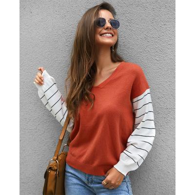 China 2022 Winter Long Sleeve Sweater Anti-Wrinkle Splice Anti-Wrinkle V-Neck Striped Casual Knit Sweaters for sale