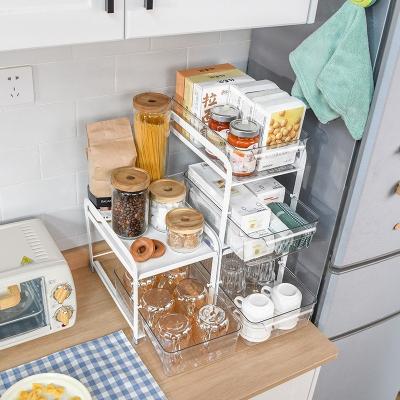 China Modern Amazon Hot Sale Kitchen Countertops Storage Metal Cupboard Rack Pull Out Organizer With Clear Drawer for sale