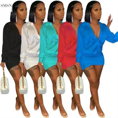 China Good quality anti-static summer color V-neck blouse sheer miniskirt dresses women 2021 elegant casual outfits for sale