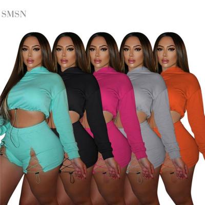 China Pure Color Hot Selling Anti-pilling Long Sleeve Bandage Women's Two Piece Set Two Piece Set Tracksuit Woman Shorts Set for sale