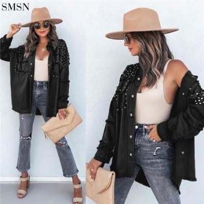 China New Style High Quality Anti-wrinkle Beaded Rough Selvedge Denim Jacket Women Fall Down Jackets Women's Coats for sale