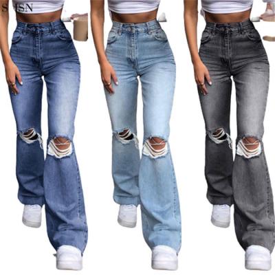 China 2021 High Quality High Waist Hole Summer Woman Ladies Trousers Pants Breathable Jeans Women's Full Length Jeans for sale