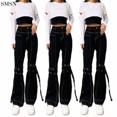 China Breathable High Quality High Waisted Pants With Eyelet Straps Slim Jeans For Women Bell Bottom Jeans for sale