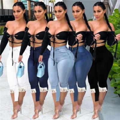 China MONA Best Seller Breathable Tassels Pockets Women Plus Size Jeans Lady Bodycon Pants Women Bottom Clothing for sale