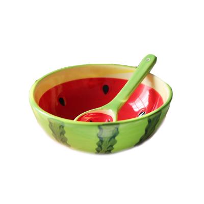 China Disposable Korean Ceramic Watermelon Cereal Rice Bowl With Spoon for sale