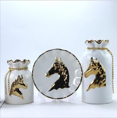 China Sustainable Animal Printed Dish Ceramic Decorative Gold Galvanized Afternoon Coffee Tea Tray Round for sale