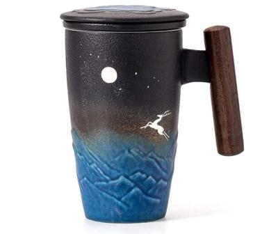 China Moonlight Viable Deer Ceramic Tea Mug with Infuser and Wooden Handle Dipping Mug 13.5 Ounce (Black&Blue) for sale