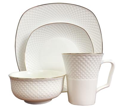 China Sustainable Hot Sale 16 Pcs Western Ceramic White Embossed Porcelain Dinnerware Sets for sale